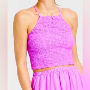 A New Day Purple Satin Smocked Apron Crop Top Size L. NWT.